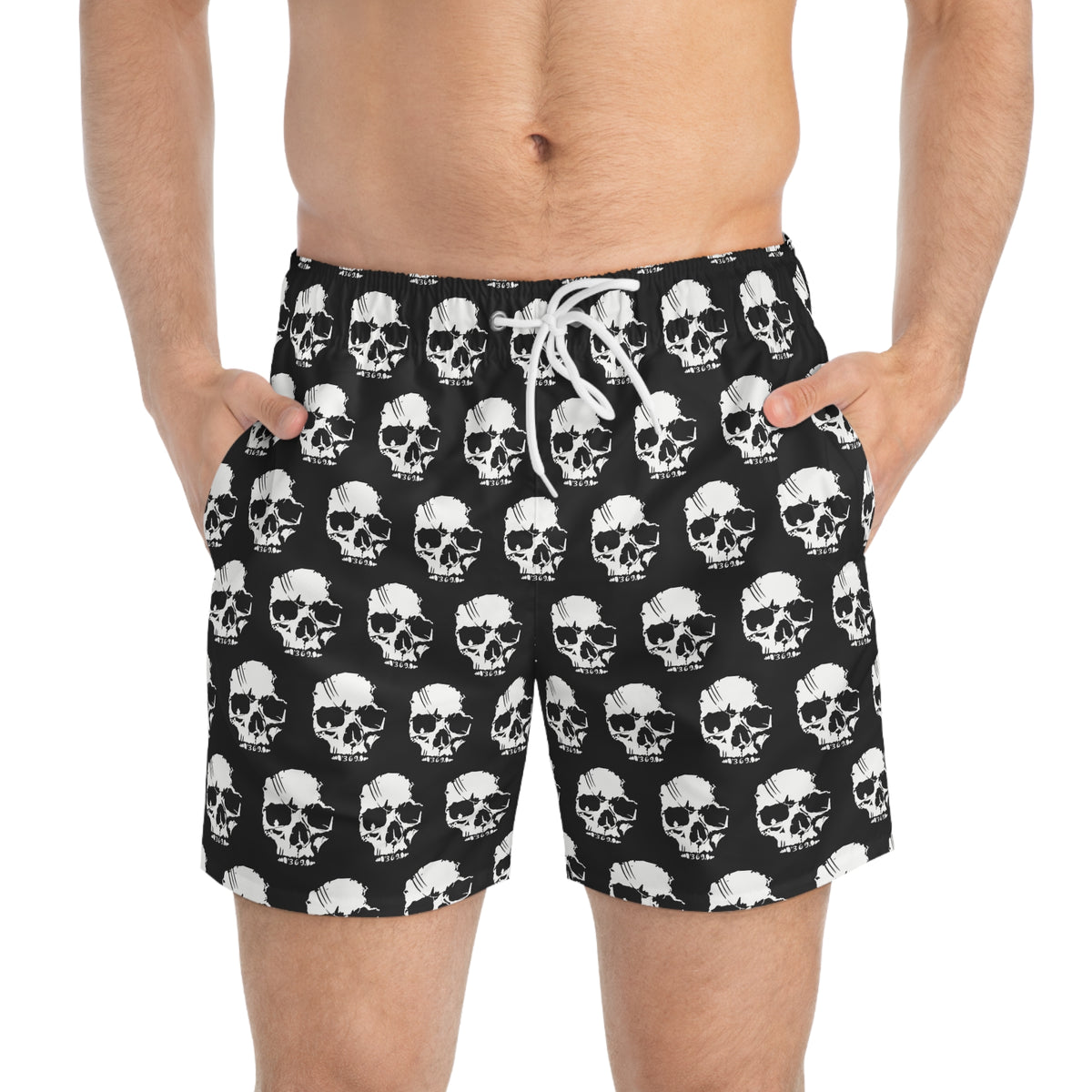 Skull Print Swim Trunks — Black & White All-Over-Print Beach Shorts
