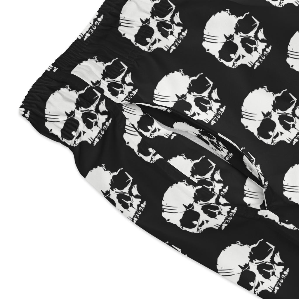 Skull Print Swim Trunks — Black & White All-Over-Print Beach Shorts