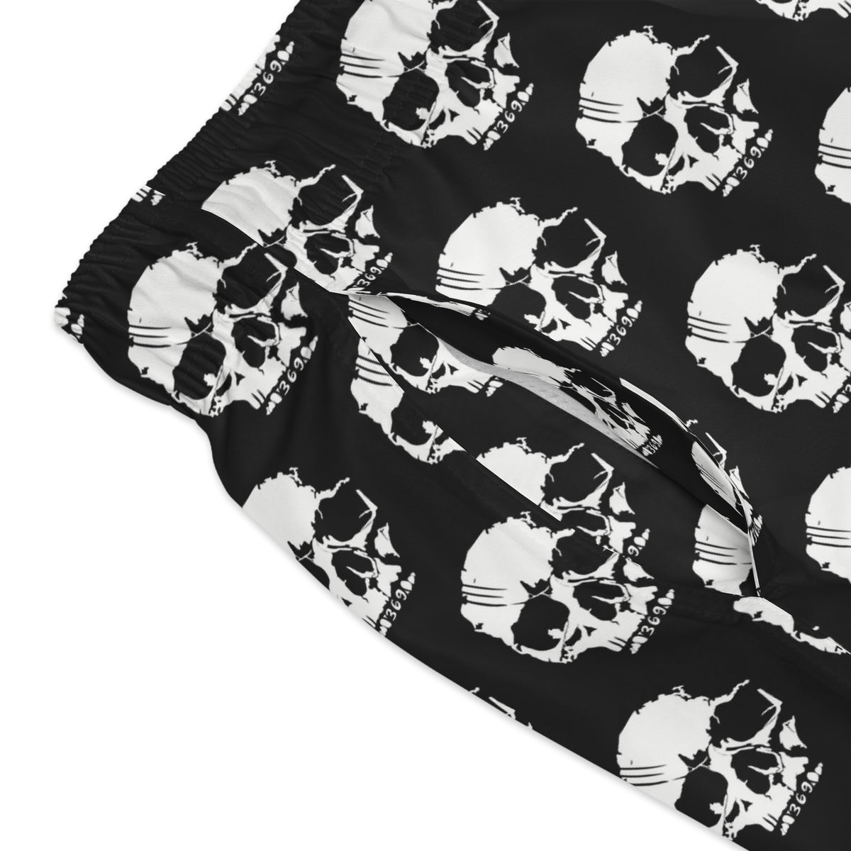 Skull Print Swim Trunks — Black & White All-Over-Print Beach Shorts