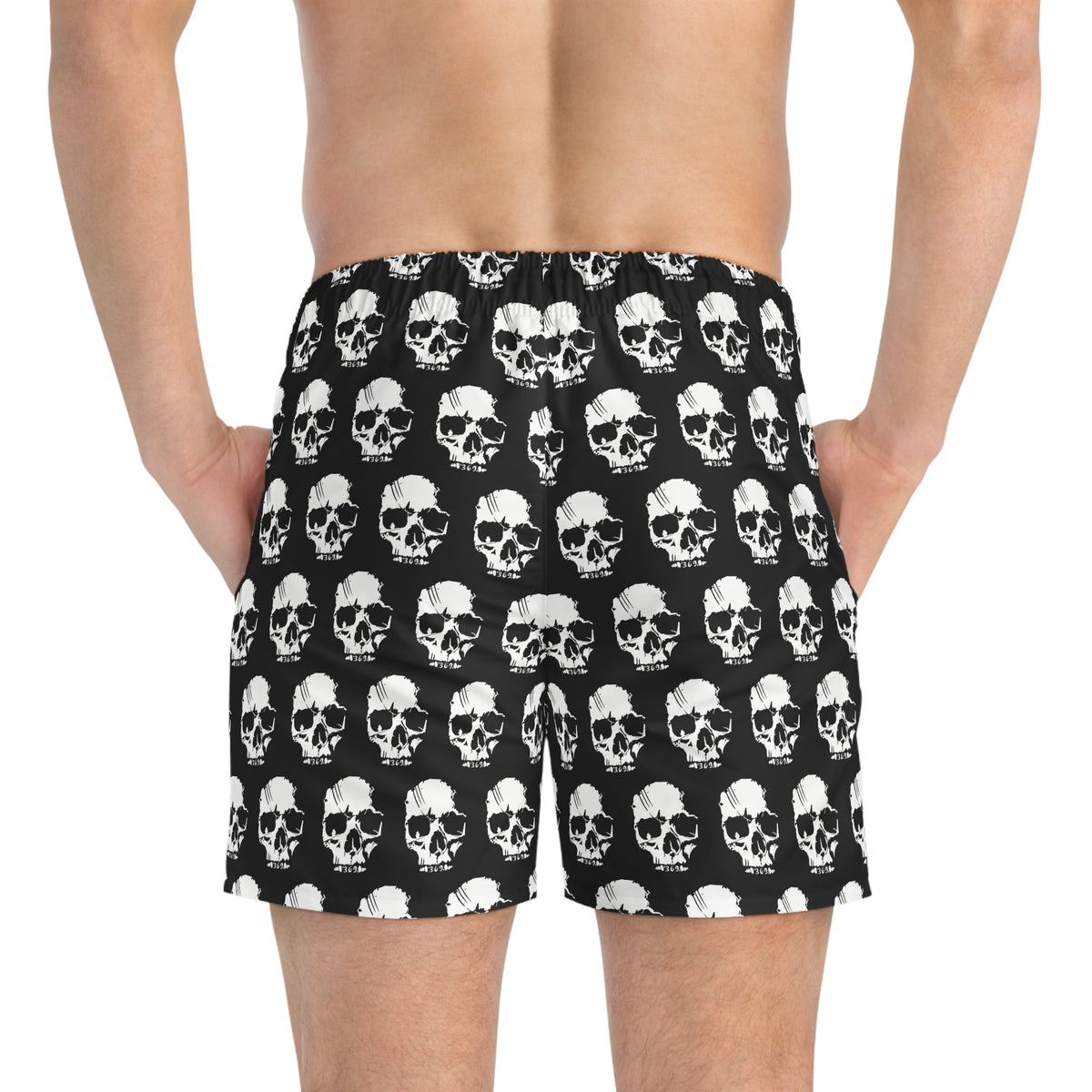 Skull Print Swim Trunks — Black & White All-Over-Print Beach Shorts