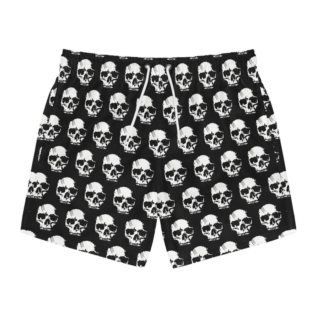 Skull Print Swim Trunks — Black & White All-Over-Print Beach Shorts