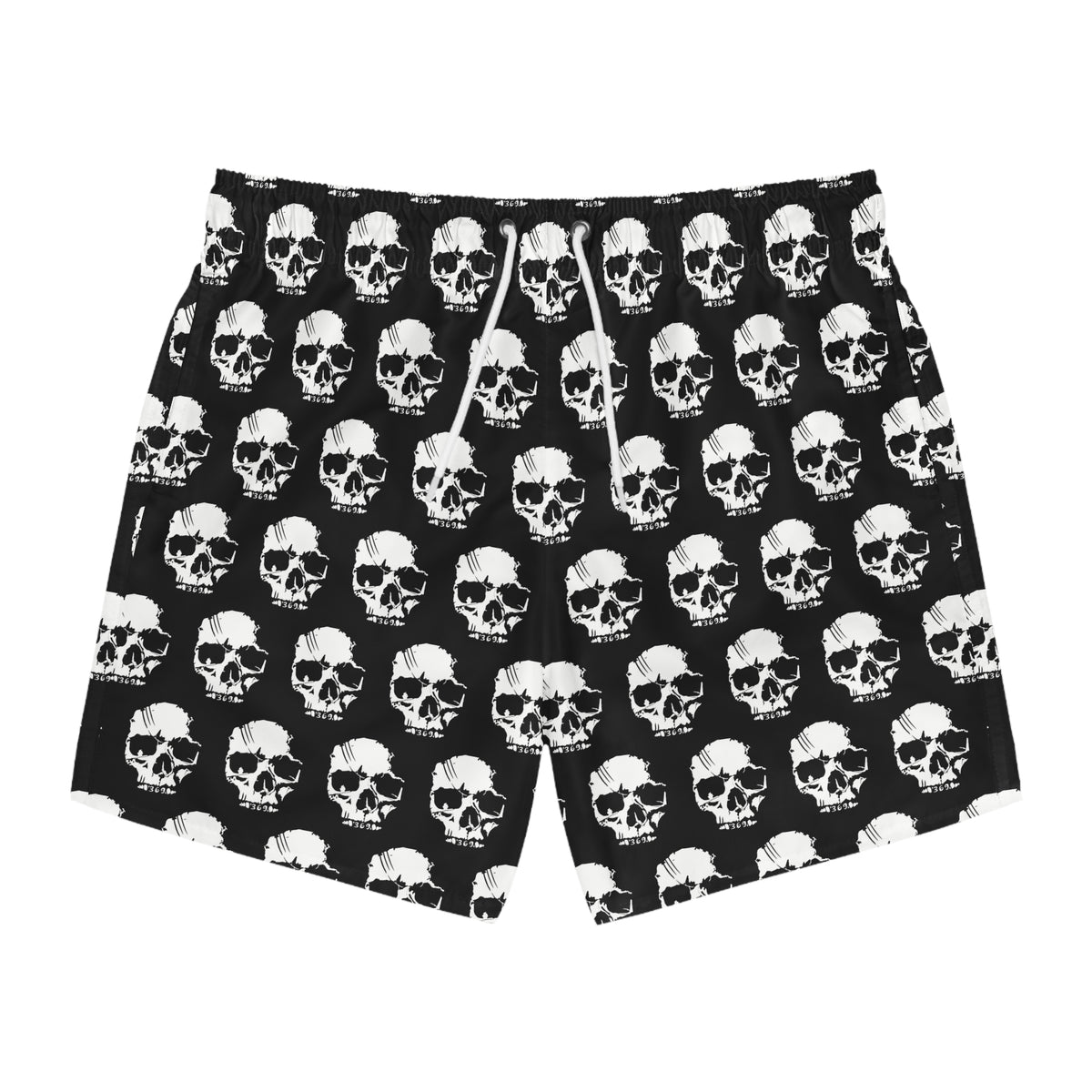 Skull Print Swim Trunks — Black & White All-Over-Print Beach Shorts